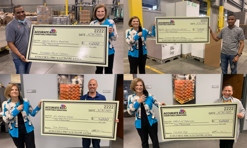 Lisa Hirsh, CEO & President of Accurate Box, with the 2021 donation checks and the employees who recommended the organizations